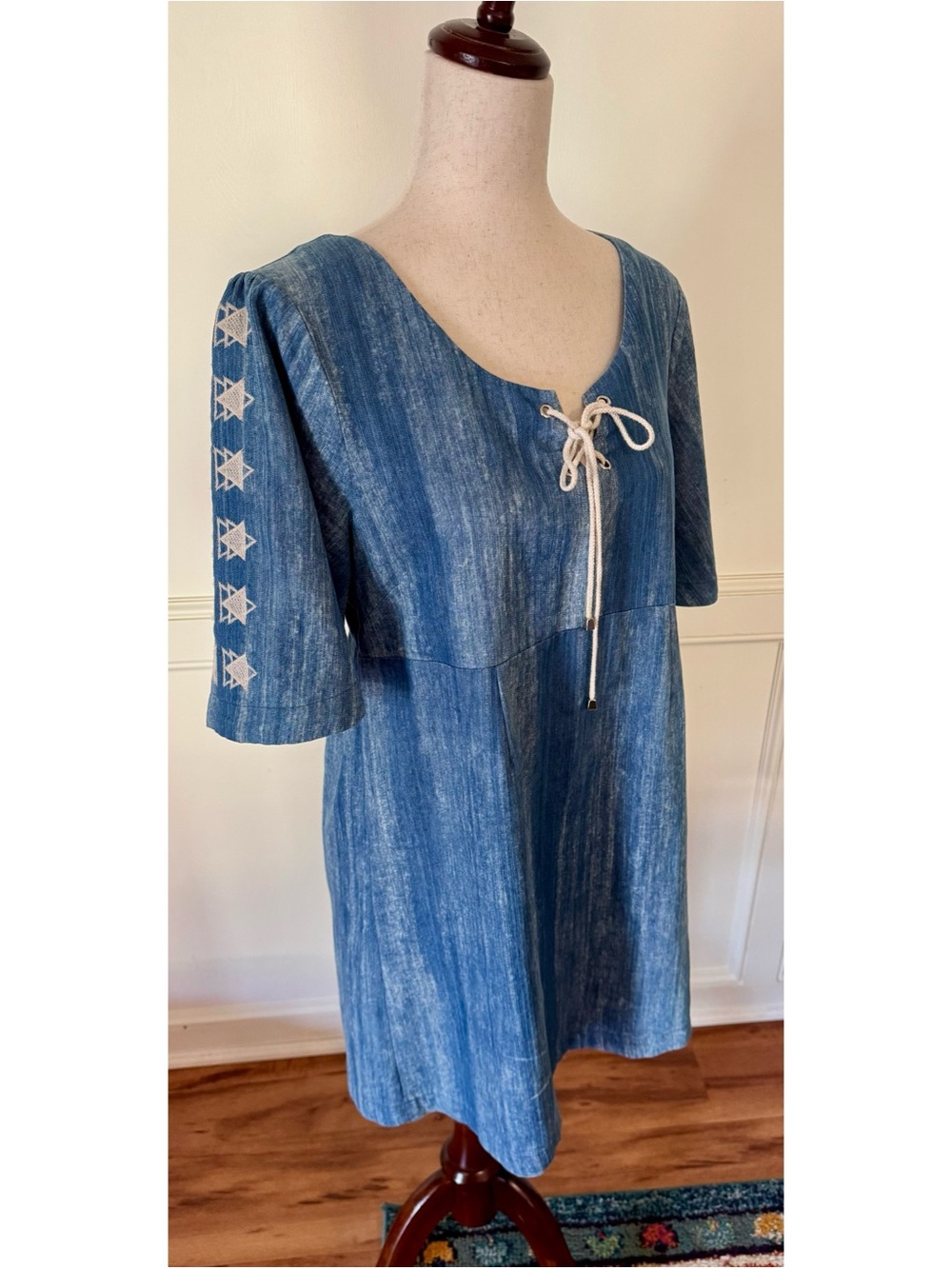 Umgee Blue Denim-Look Lace-Up Tunic Dress with Embroidered Sleeves